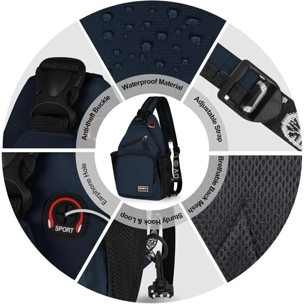 💫 Men Blue Crossbody Bag Sling EarphoneHole Multipurpose Travel Hiking Backpack
